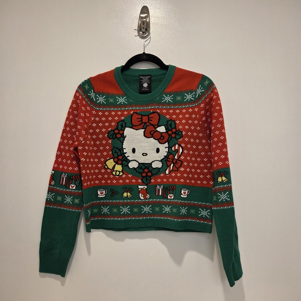 Hello Kitty Green and Red Cropped Knit Sweater